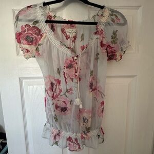 Y2K Abercrombie Sheer Floral Peasant Blouse in Pink and Green
